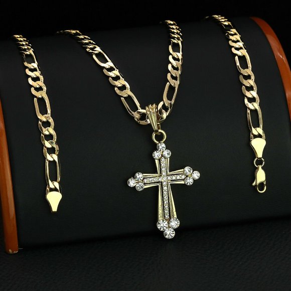 Iced Cross Pendant 14k Gold 20" 5mm Necklace - Picture 1 of 3